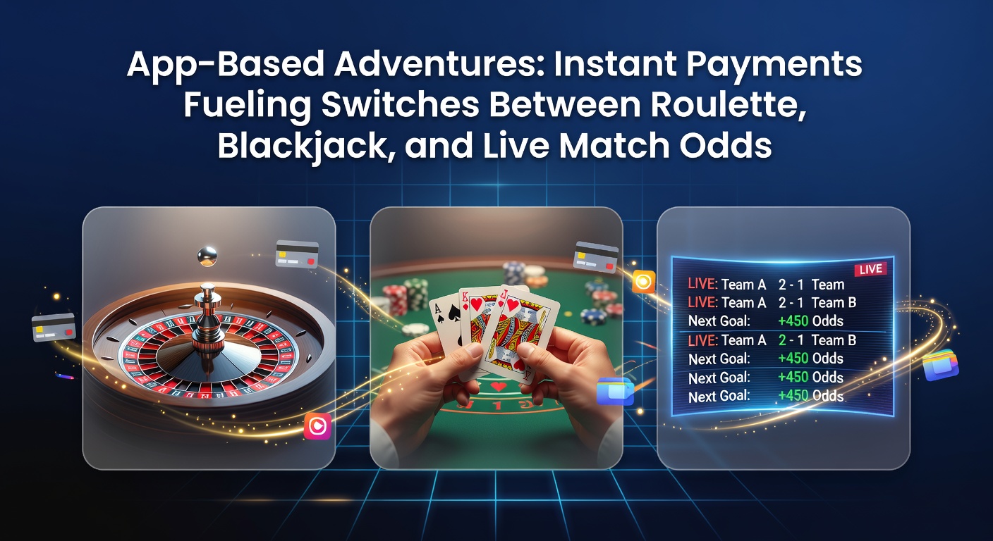 Smartphone mit Casino-App, das Roulette, Blackjack und Live-Sportwetten zeigt, während Instant-Zahlungen im Hintergrund ablaufen