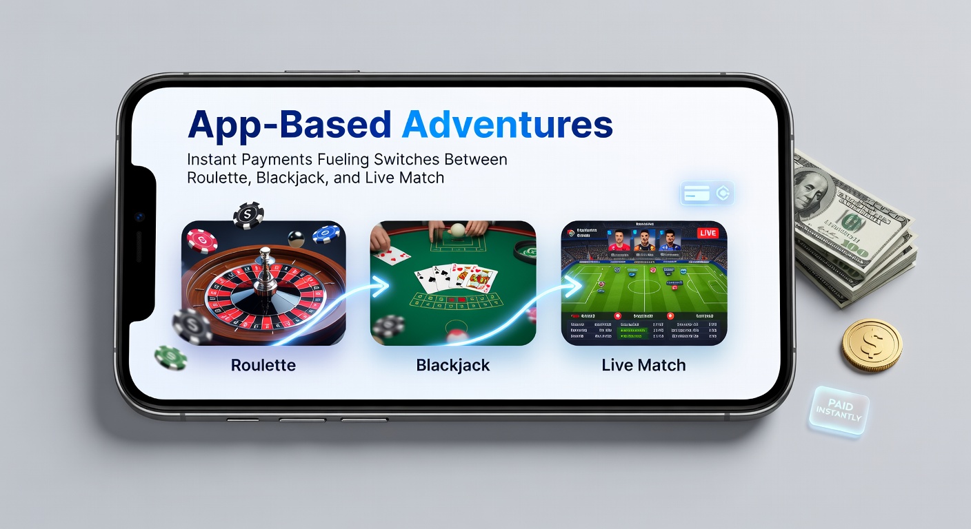App-Bildschirm mit Wechsel zwischen Blackjack-Tisch, Roulette-Rad und Live-Tennis-Odds, Instant-Payment-Symbol im Vordergrund