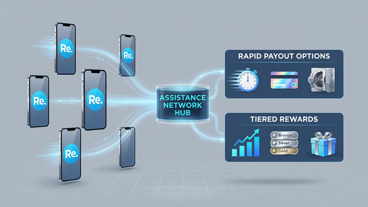 Illustration of assistance network connecting rapid payouts and tiered rewards across mobile slot to live poker transitions