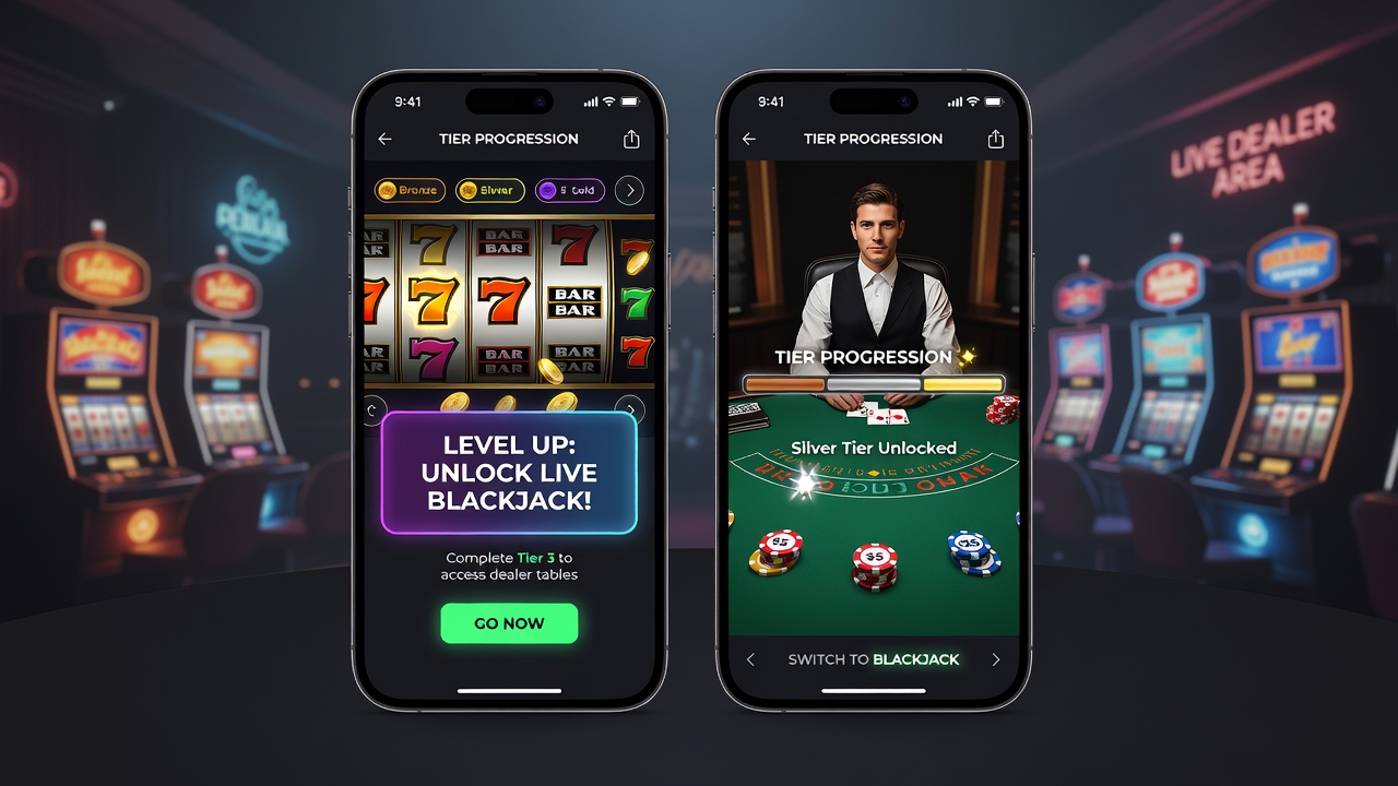 Detailansicht einer mobilen Casino-App mit Belohnungsstufen und Blackjack-Übergang