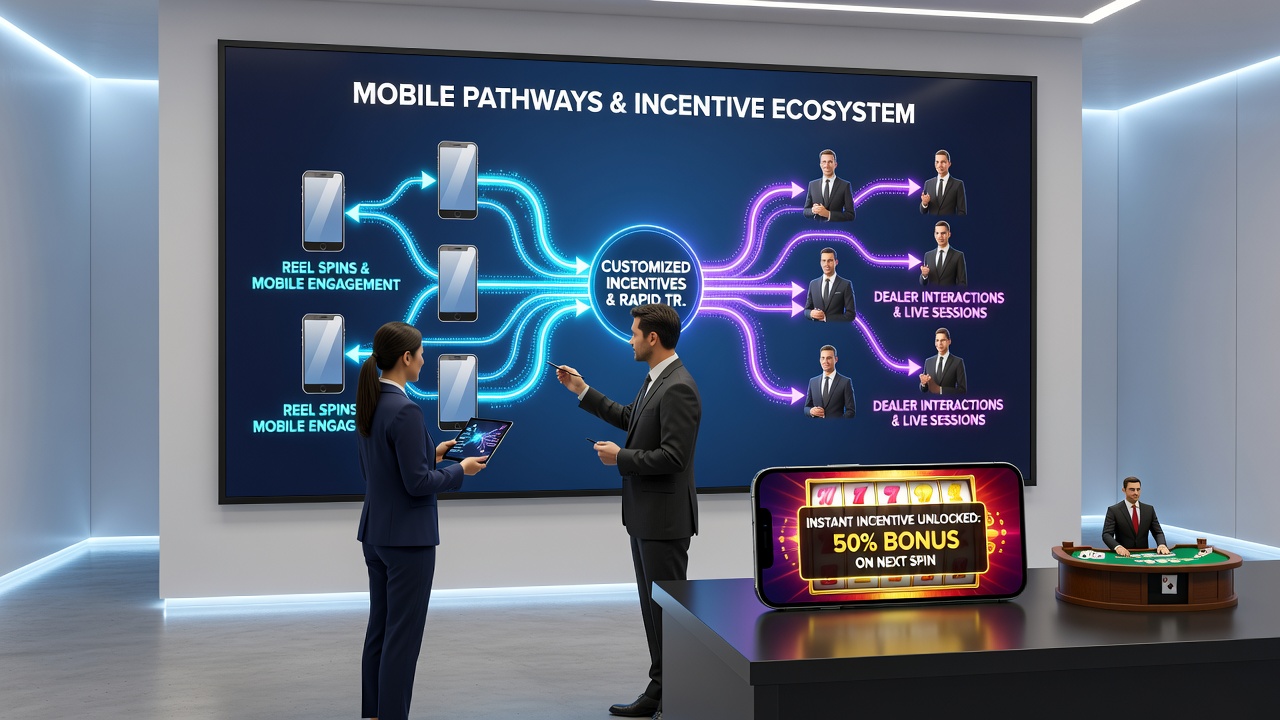 Darstellung von Transaktionsflüssen und Incentive-Netzwerken in mobilen Casino-Apps, die Reel-Spins mit Live-Dealer-Interaktionen verknüpfen