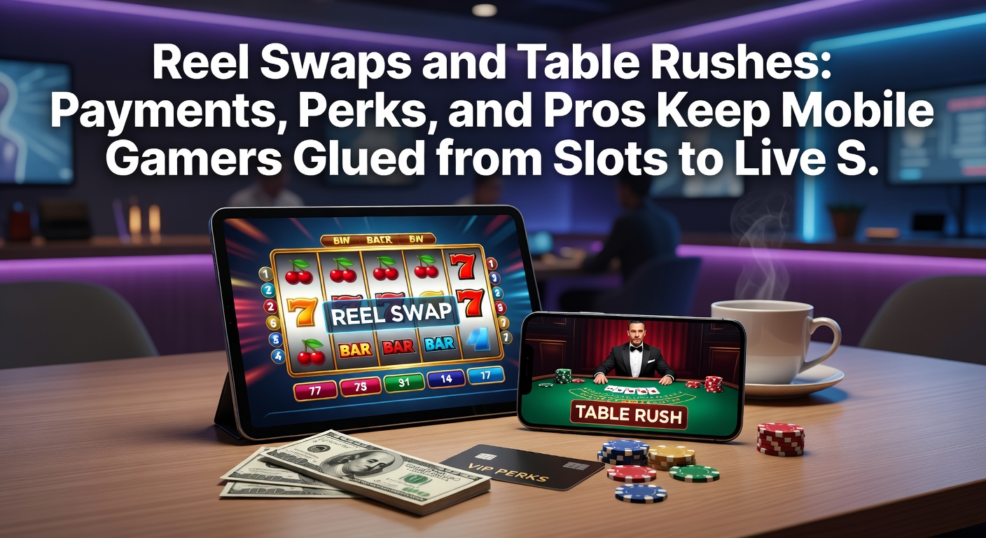 Detaillierter Blick auf einen Table Rush: Live-Dealer verteilt Karten an einem Blackjack-Tisch, während Slot-Symbole im Hintergrund verblassen und Zahlungs-Apps wie Klarna und Apple Pay leuchten